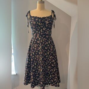 Navy Blue Floral Midi Dress with Tie Straps